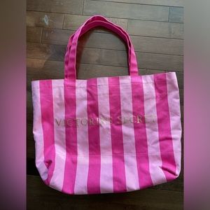 Victoria Secret Pink Striped Canvas Zippered Tote XL Gold Letters Weekender Bag